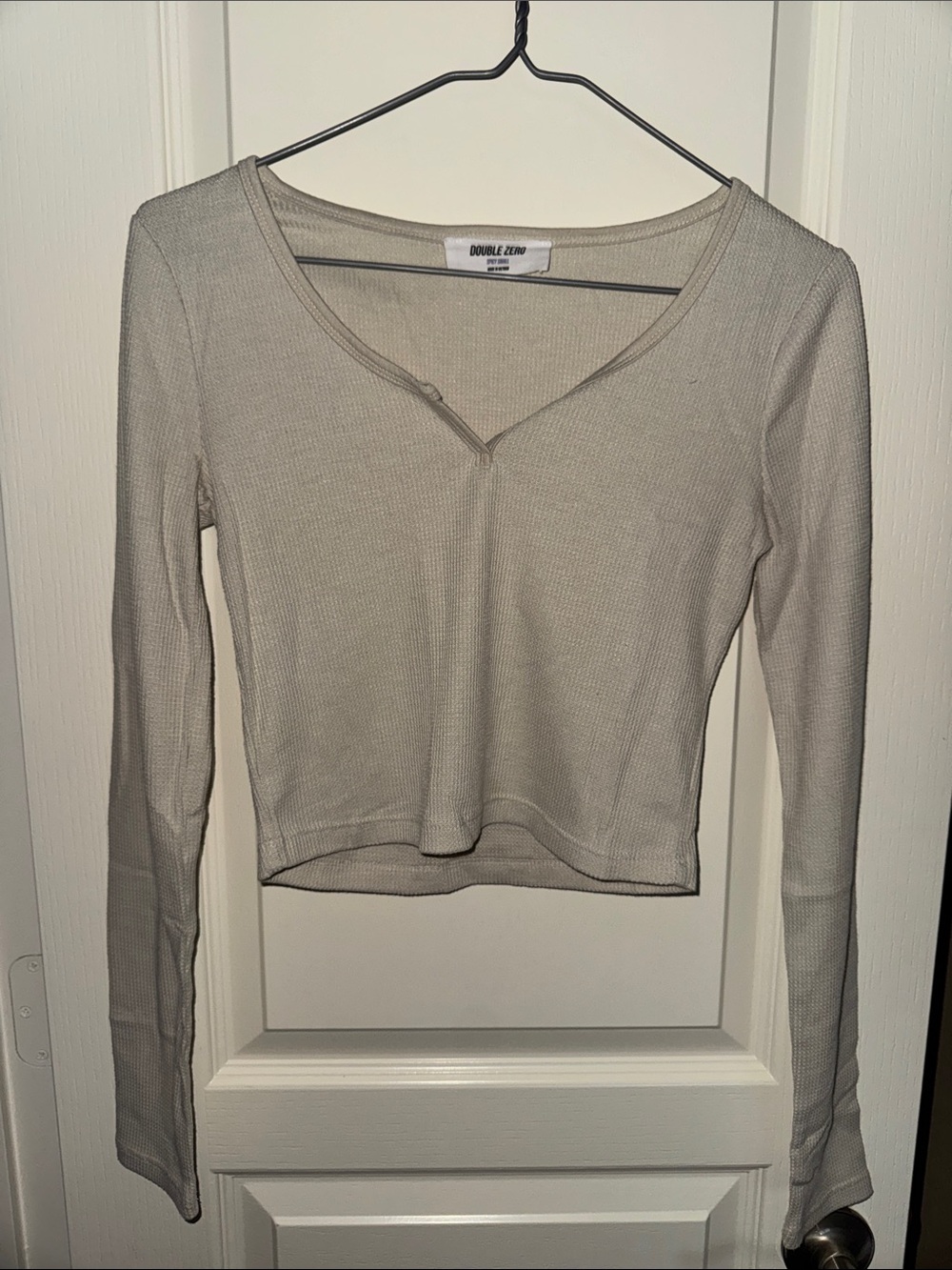 Double Zero Light Beige Long Sleeve Ribbed V-Neck Crop Top